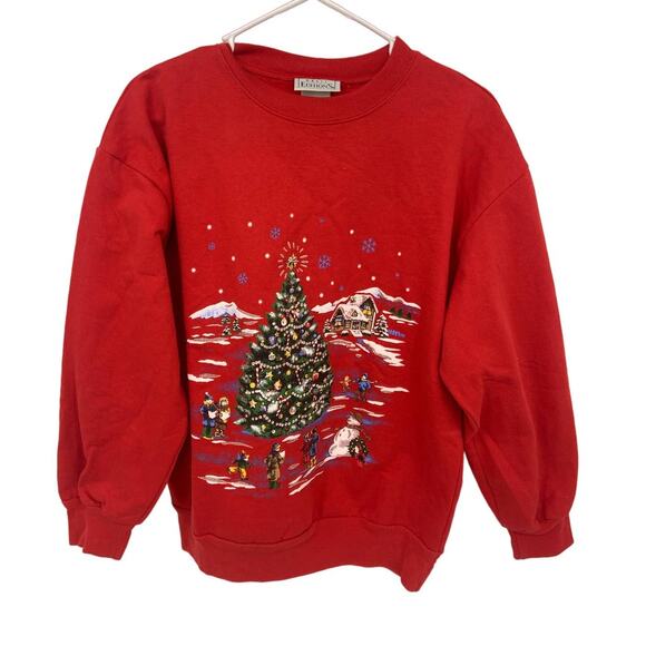 Vintage 90s Winter Wonderland Holiday Christmas Tree Red Sweatshirt  Size L - Picture 1 of 5